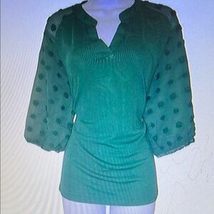 BOTHENIAL Green Ruched 3/4 Sleeve Blouse with Notched Collar size large
